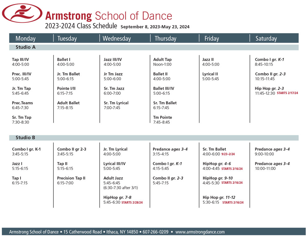 Armstrong School of Dance Class Schedule