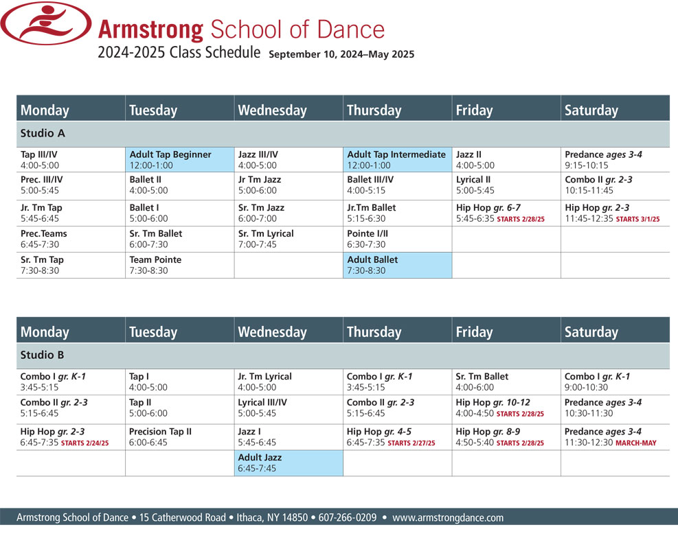 Armstrong School of Dance Class Schedule