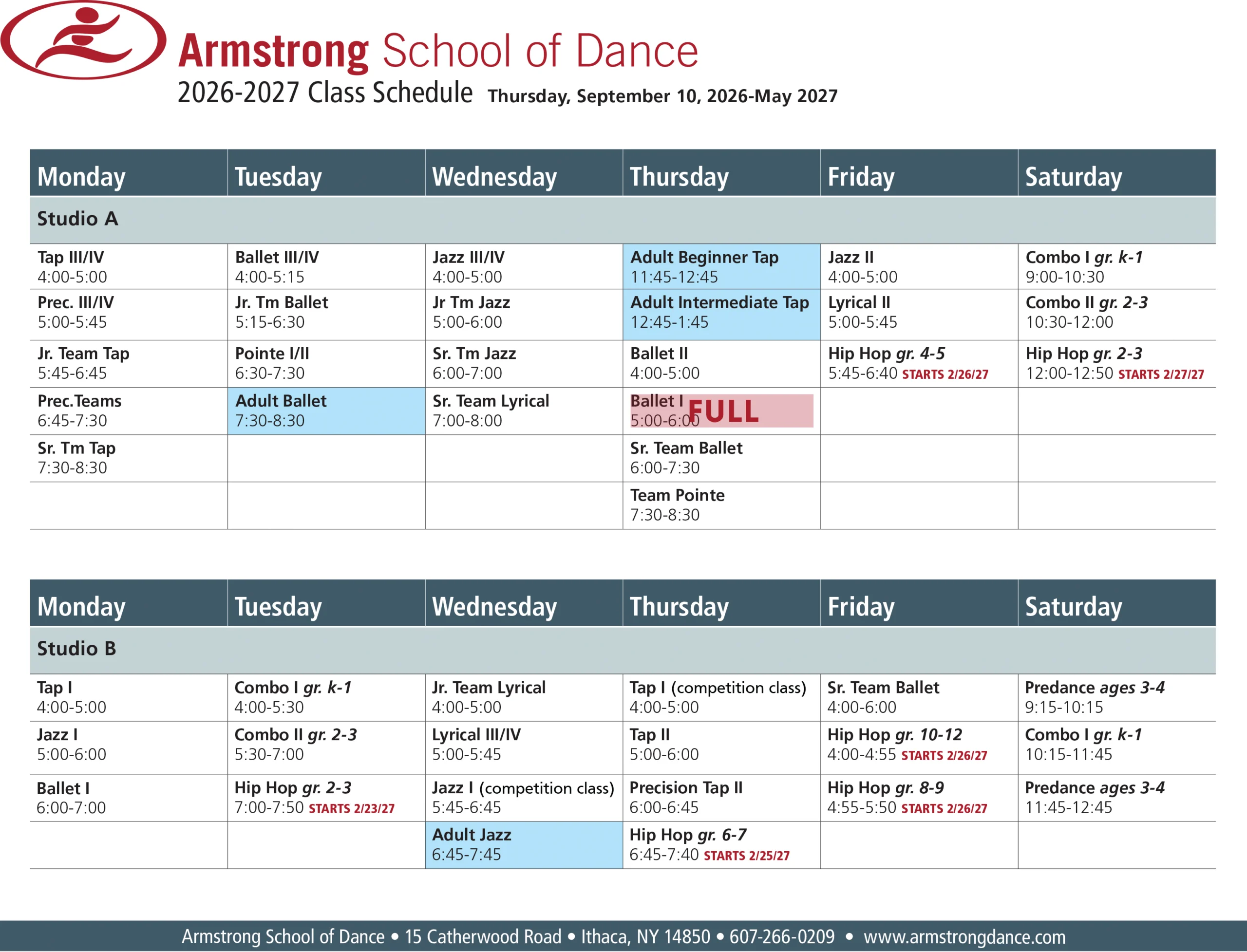 Armstrong School of Dance Class Schedule